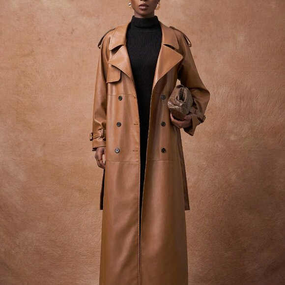 Brown Elegant Women's Long Trench Coat With Pockets - Picture 4 of 8